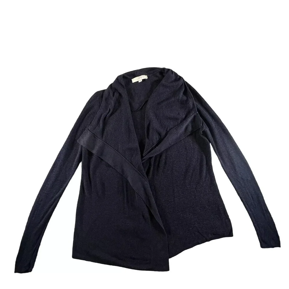Loft Sweater Womens Size M Blue Linen Open Front Minimalist Draped Waterfall‎